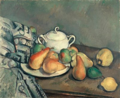 Zuckerdose, Birnen und Teppich von Paul Cézanne
