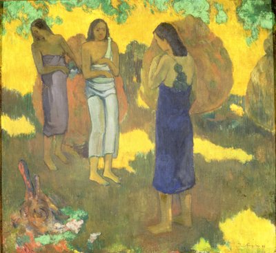 Drei tahitianische Frauen vor gelbem Hintergrund von Paul Gauguin