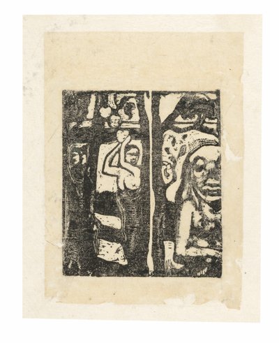 Frau pflückt Früchte und Oviri von Paul Gauguin