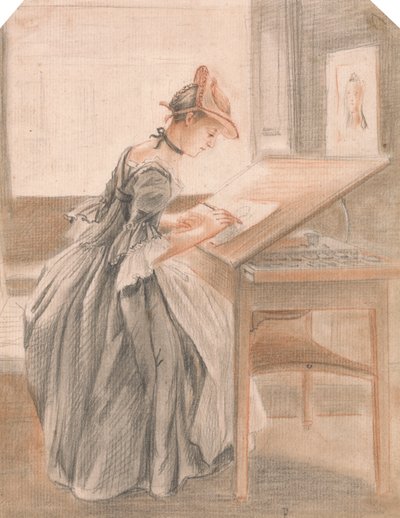 Eine Dame, die an einem Zeichentisch kopiert von Paul Sandby