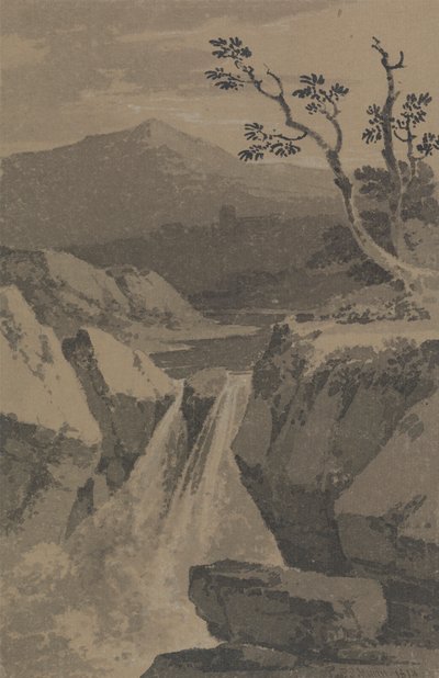 Wasserfall und ferne Berge von Paul Sandby Munn