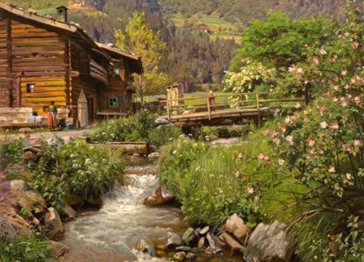 P.Mönsted, Berghütte am Bach von Peder Monsted