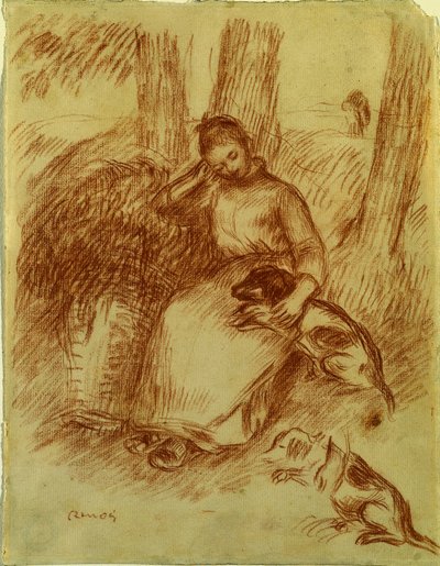 Bauernmädchen mit Hund von Pierre Auguste Renoir