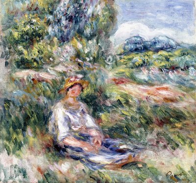 Junge Frau, die in einer Wiese sitzt von Pierre Auguste Renoir