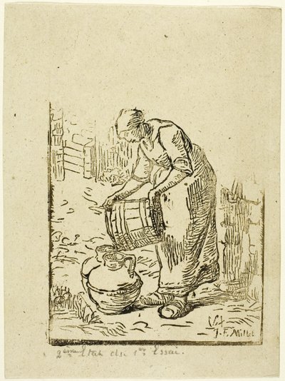 Frau füllt Wasserkanister von Pierre Millet