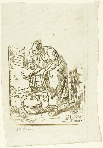 Frau füllt Wasserkanister von Pierre Millet