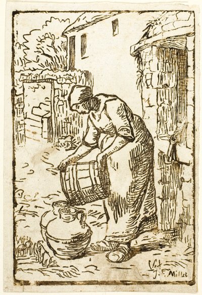 Frau füllt Wasserkanister von Pierre Millet