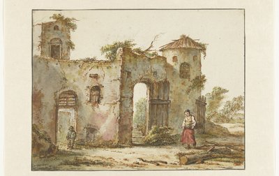 Verfallenes Gebäude mit einer Holzsammlerin rechts von Pieter Bartholomeusz. Barbiers