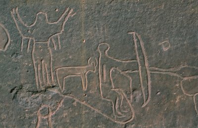 Menschliche Figuren und Tiere (Felsmalerei) von Prehistoric