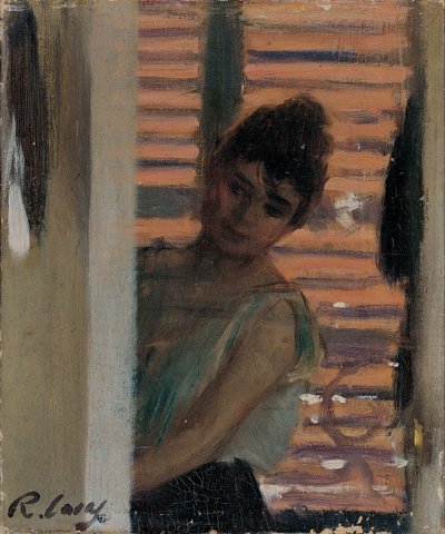 Frau hinter einem Fensterladen von Ramón Casas