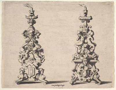 Zwei Kerzenhalter-Designs, ca. 1550-60 von Rene Boyvin