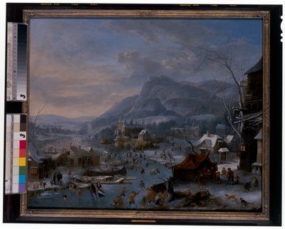 Winter: Eine gefrorene Winterlandschaft mit Bauern von Robert Griffier