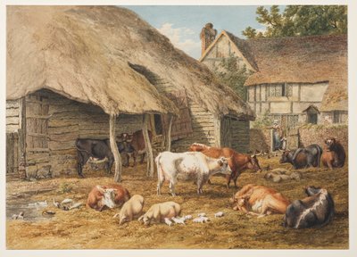 Eine Bauernhofszene mit Rindern und Schweinen von Robert Hills