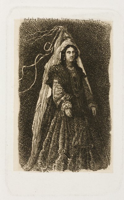 Frau in fantastischem mittelalterlichem Kostüm von Rodolphe Bresdin