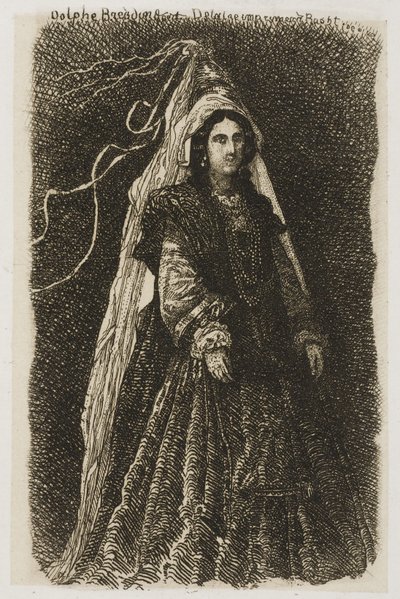 Frau in fantastischem mittelalterlichem Kostüm von Rodolphe Bresdin
