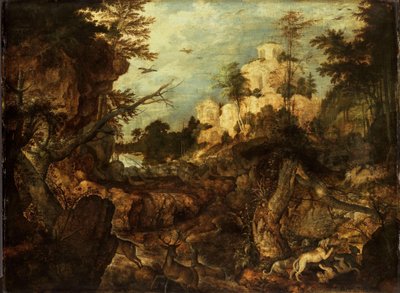 Wildschweinjagd in einer felsigen Landschaft von Roelant Savery