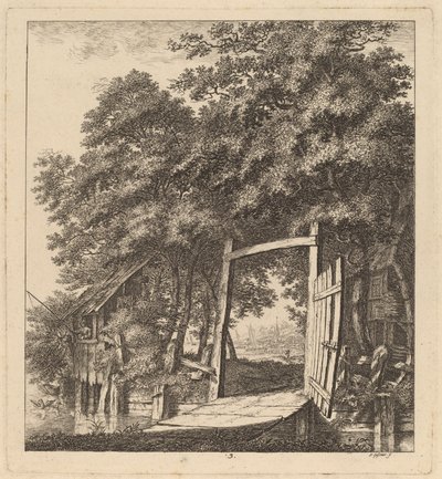 Ein rustikales Tor neben einem See von Salomon Gessner