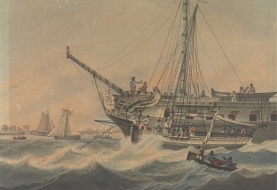 Kriegsschiff und Schiffe vor der Küste von Samuel Atkins