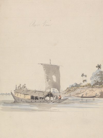 Flussansicht mit einer Dschunke (in der Nähe von Rajmahal?) von Samuel Davis