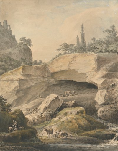 Felsige Landschaft mit Bauern und Vieh von Samuel Hieronymus Grimm