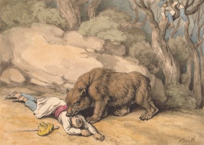 Ein Bär greift einen gefallenen Indianer an von Samuel Howitt