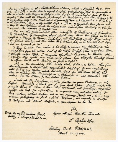 Brief von Samuel Richardson, 22. März 1754 von Samuel Richardson
