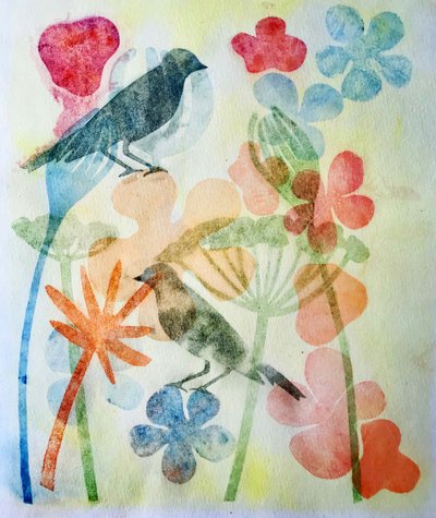 Zwei Vögel und Blumen von Sarah Thompson Engels