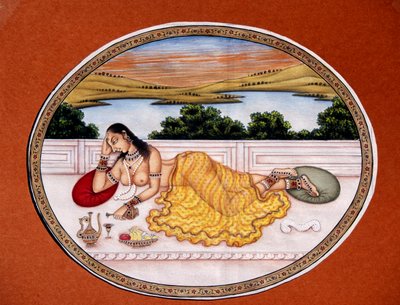 Dame genießt Getränk Miniaturmalerei auf Papier von School Indian