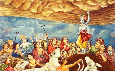 Lord Krishna hebt den Berg Miniaturmalerei von School Indian