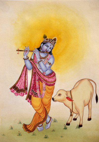 Lord Krishna Miniaturmalerei auf Papier von School Indian