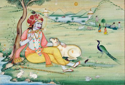 Miniaturmalerei von Krishna, der Flöte spielt von School Indian