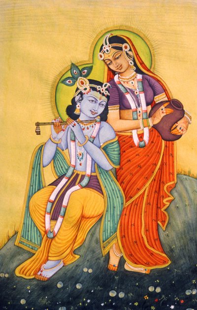 Miniaturmalerei von Radha Krishna, Indien von School Indian