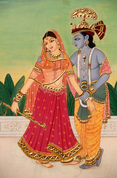 Radha Krishna, Miniaturmalerei auf Papier von School Indian