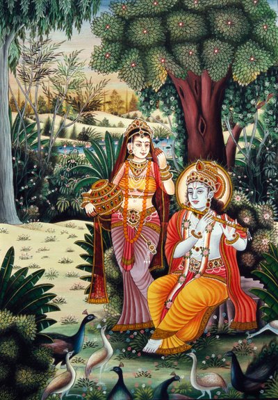 Radha Krishna Miniaturmalerei auf Papier von School Indian