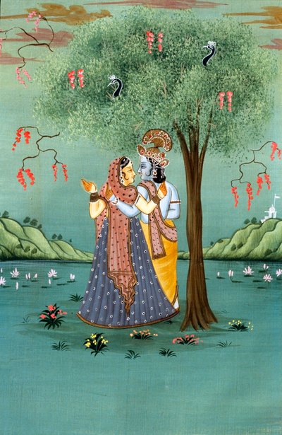 Radha Krishna Miniaturmalerei auf Papier von School Indian