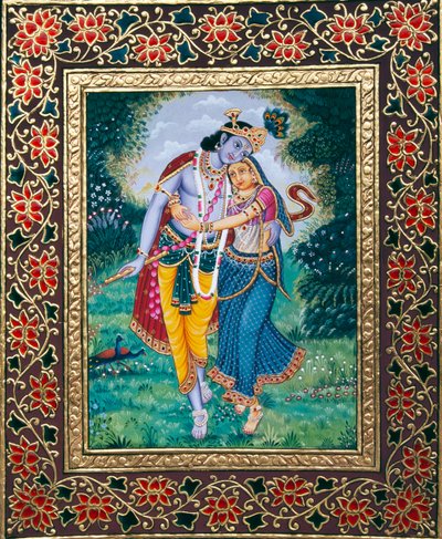 Radha Krishna Miniaturmalerei auf Papier von School Indian