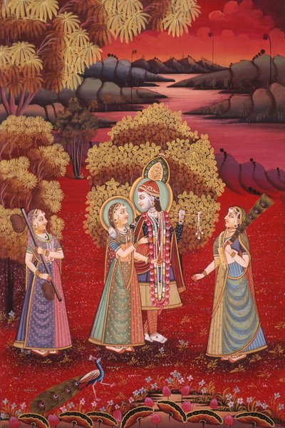 Radha Krishna Miniaturmalerei auf Seide von School Indian