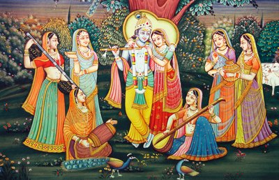 Radha Krishna mit Sakhis genießen Musik von School Indian