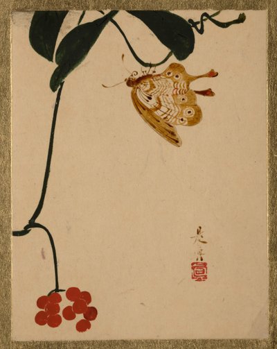 Rote Beerenpflanze und Schmetterling von Shibata Zeshin