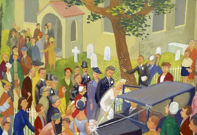 Hochzeitsgruppe auf dem Kirchhof, um 1948 von Shirley Markham