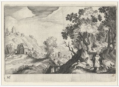 Hügellandschaft mit dem barmherzigen Samariter von Simon Frisius