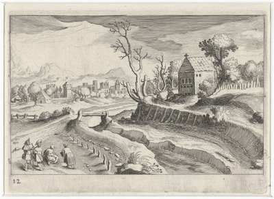 Hügellandschaft mit einer Kapelle von Simon Frisius