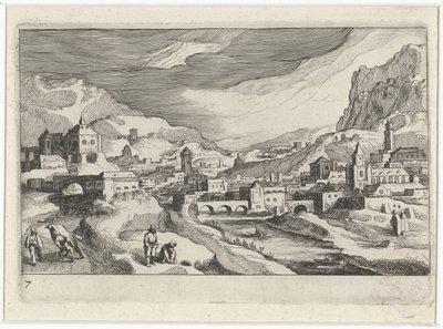 Stadtansicht in einem Flusstal von Simon Frisius