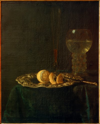 Bankettstilleben mit Silberteller, Zitronen, Römer und Flöt von Simon Luttichuys