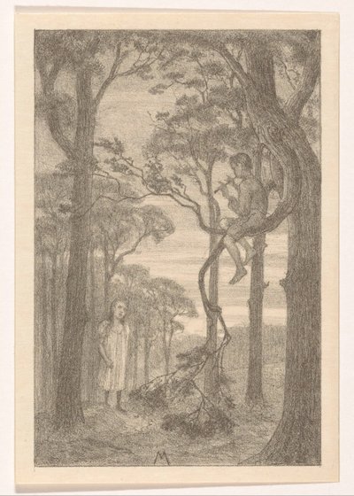 Mädchen und Flötenspieler im Wald von Simon Moulijn