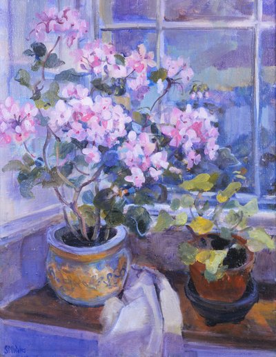 Rosa Geranie auf dem Fenstersitz, 1996 von Sue Wales