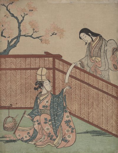 Sake am Ahornblattfeuer erwärmen von Suzuki Harunobu