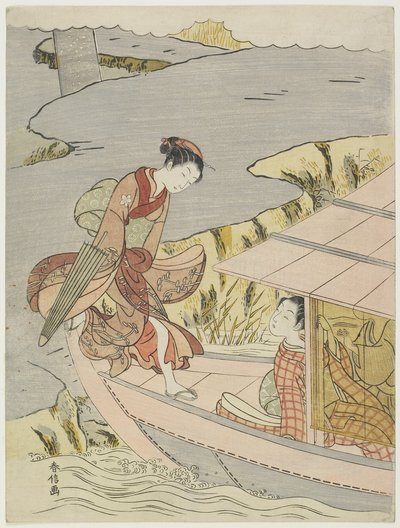 Frau, die ein Boot besteigt, ca. 1767 von Suzuki Harunobu