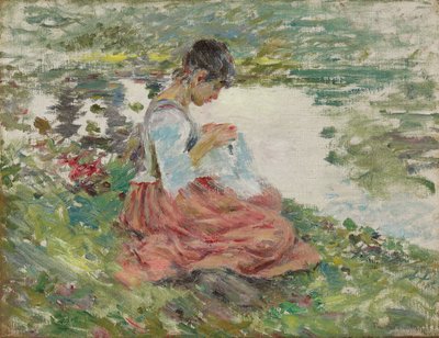 Mädchen näht am Fluss, ca. 1891 von Theodore Robinson