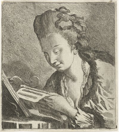 Junge Frau liest Noten von Theodorus de Roode